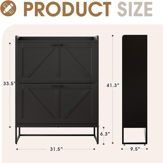 GRUSIGN Shoe Cabinet, Shoe Storage Cabinet with 2 Flip Drawers & Adjustable Shelf, Space-Saving Shoe Organizer – Holds 16+ Pairs, Narrow Shoe Cabinet Storage for Entryway/Hallway(Black)
