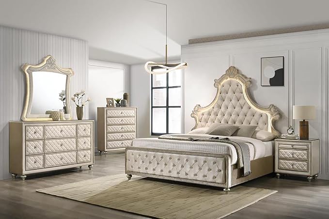 Acme Lucienne Velvet Upholstered Queen Bed with LED in Beige