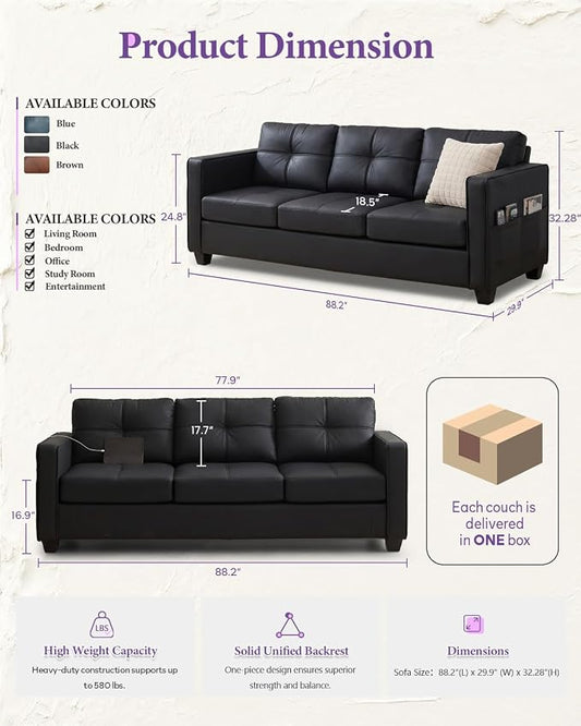 TYBOATLE 88" W Faux Leather Couches w/USB, Tufted Mid-Century Modern Comfy Black Leather Couch w/Side Pockets and Wider Arms for Living Room, 3 Seater Leathe Sofa for Office, Apartment, Bedroom