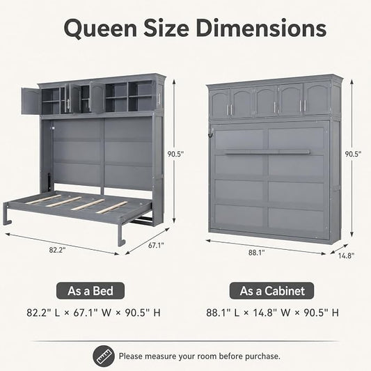 Queen Murphy Bed Cabinet, Wall Bed with Storage, Folding Cabinet Bed with Dual Piston Metal Mechanism, Murphy Cabinet Space Saving Bed for Guest Room, Home Office, Apartment(Gray 2)