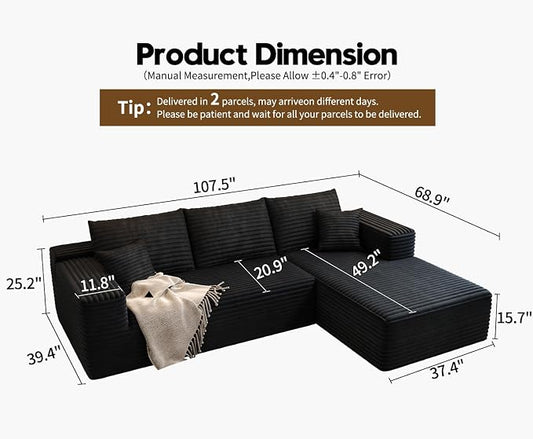 107.5" Cloud Modular Sectional Sofa Couch with L-Shape Chaise,Modern Minimalist Upholstered Couches for Living Room Bedroom,Deep Seat Corner Couch,No Assembly Required (Black,Right Facing Chaise)