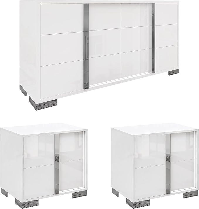 AMERLIFE 3 Piece Bedroom Set, Two 23.6" Nightstands & 6-Drawer Dresser, Silent Glide Drawers & Metal Handles, Modern High Gloss UV Finish, Dresser Set for Bedroom, White