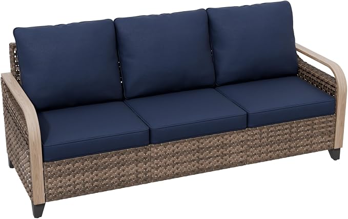 Modern Wicker Patio Sofa, Rattan Outdoor Couch for Small Balcony, 3 Seat Couch Furniture Set for Garden Deck Backyard, Brown/Blue