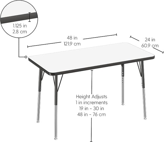 FDP Dry-Erase Rectangle Activity School and Office Table (24 x 48 inch), Standard Legs with Swivel Glides, Adjustable Height 19-30 inches; Quick Ship Single Box - Whiteboard Top and Black Edge