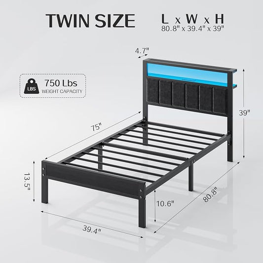 OLEVS Twin Bed Frame with LED Lights & USB Outlets, Platform Twin Bed with Storage Headboard, No Box Spring Needed, Easy Assembly