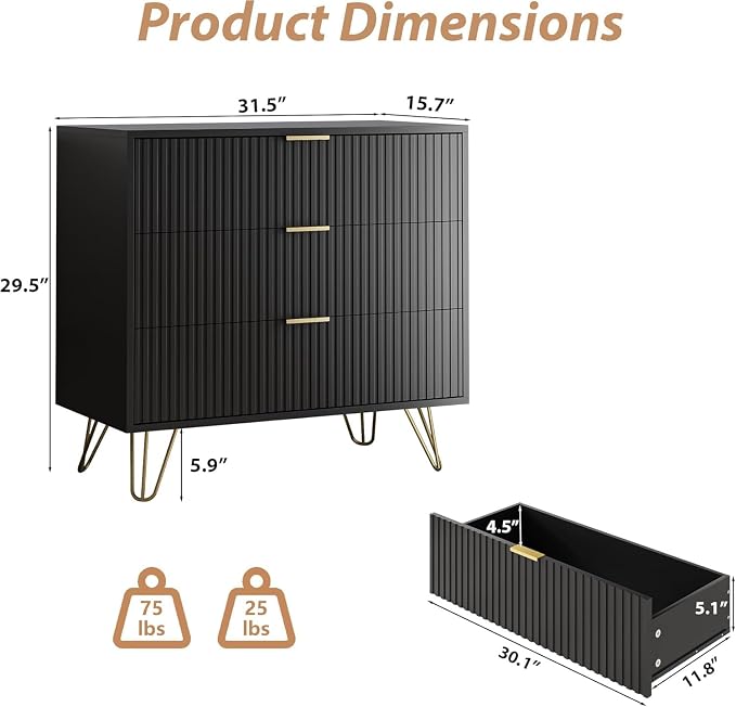 MAISONARIA 3-Piece Dresser Bedroom Set, 8 Drawer Dresser & 3 Drawer Nightstands with Gold Handles, Fluted Wood Chest of Drawers for Bedroom, Living Room, Entryway, Black