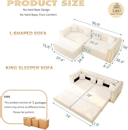 90.6'' Futon Sofa Bed, Chesterfield Velvet Sleeper Sofa, Convertible Floor L-Shaped Couch, Tufted Back, 4 Pillows, Gold Edge Trim, Deep Loveseat Couches for Living Room, Apartment, Gold Beige