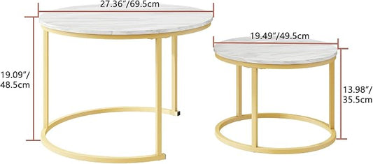 HOJINLINERO Round Coffee Table,Nesting Coffee Table Set of 2,Center Tables for Living Room,Office, Home Small Space,Stacking Side Tables,Sturdy and Easy Assembly,Wood Desktop,Golden+White,Large