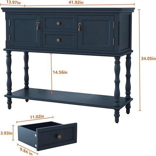 ARTPOWER Console Table with 2 Drawers, Retro Entryway Table with 2 Door Cabinets and Open Storage Shelf, Narrow Long Behind Couch Sofa Table for Living Room, Foyer, Hallway, Blue