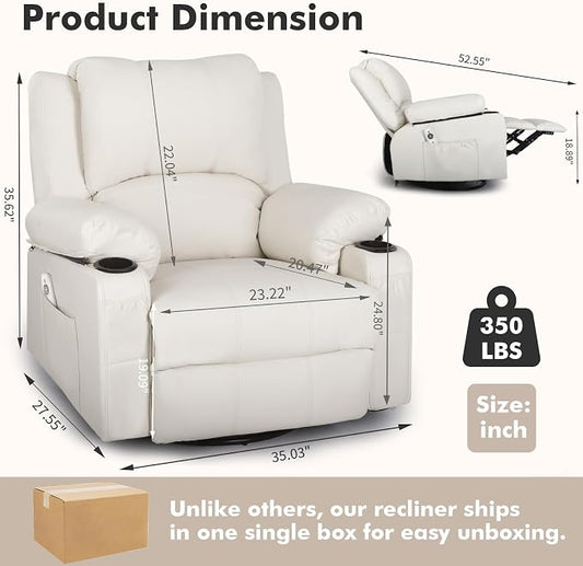Leather Swivel Rocker Recliner Chair with Massage and Heat Overstuffed Manual Recliner Chairs with Cup Holders, Rocking Glider Chairs for Nursery White