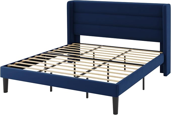 Allewie King Size Platform Bed Frame with Velvet Upholstered Wingback Headboard, No Box Spring Needed, Under Bed Storage Space, Wooden Slats, Modern Mattress Foundation, Easy Assembly, Blue