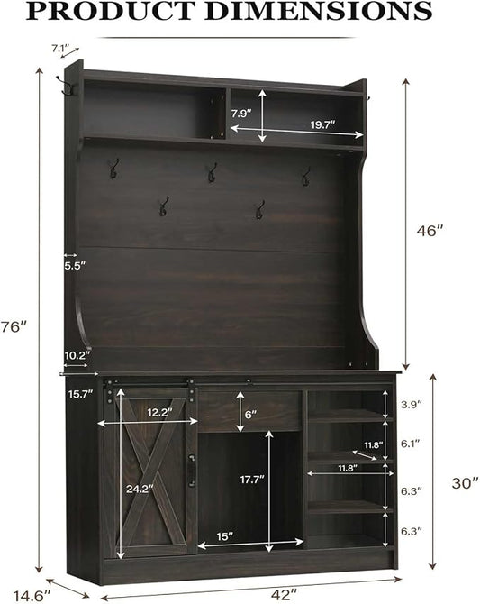 4ever2buy Farmhouse Hall Tree with Bench 5-in-1 Entryway Bench with Coat Rack with Sliding Barn Doors Entryway Coat Rack with Shoe Storage (Oak)