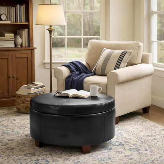 HomePop 32" Large Tufted Round Storage Ottoman - Black Faux Leather