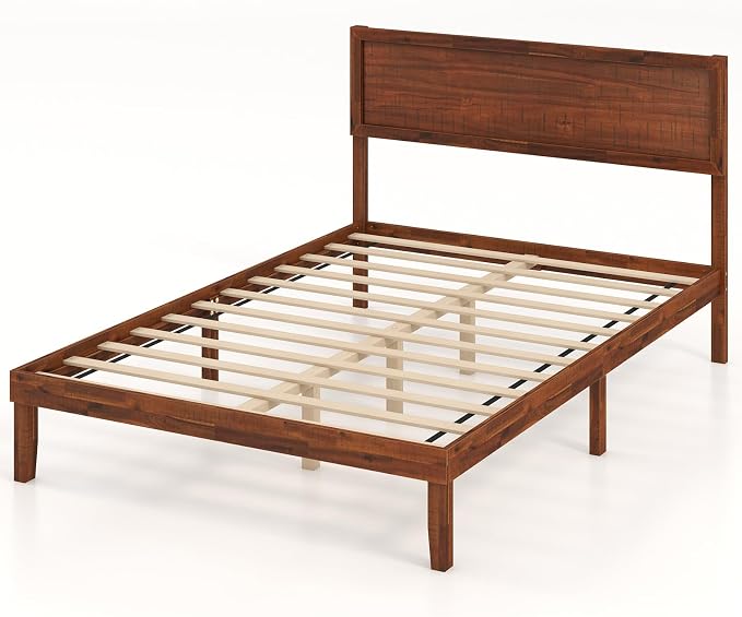 KOMFOTT Full Size Wood Bed Frame with Headboard, Solid Acacia Wood Platform Bed Frame, Wooden Slats Supported Bed Base with Under-Bed Storage Space, No Box Spring Needed Mattress Foundation