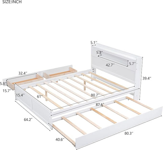 GDFStudio Queen Size Storage Bed with LED Headboard, 2 Drawers and Twin Trundle, Modern Wooden Platform Bed Frame for Bedroom Organization, No Box Spring Needed, Easy Assembly, White
