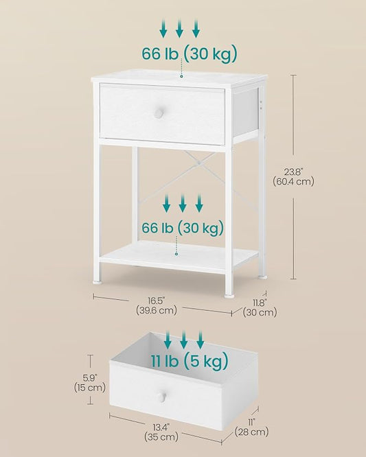 SONGMICS Bedside Table, Side End Table with Drawer, Nightstand with Lower Shelf for Bedroom, Living Room, 11.8 x 15.6 x 23.8 inches, Cloud White, BELLAH Collection ULGS101W101S