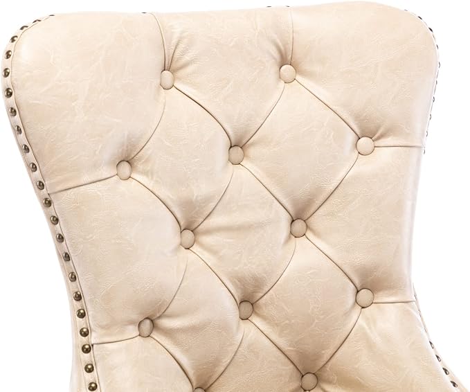 EALSON Modern Dining Chairs Set of 2 Mid Century Leather Dining Room Chairs with Wood Legs Tufted Upholstered Kitchen Side Chairs with Nail Head Trim for Dining Room/Living Room, Beige with Ring