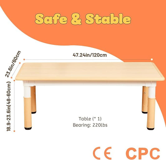 FUNLIO 23.6in*47.2in Adjustable Kids Table, 3-Level Height for Ages 3-8, Easy to Wipe Arts & Crafts Toddler Table for Classrooms/Daycares/Homes, CPC & CE Approved - Natural