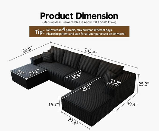 135.4"Cloud Modular Sectional Couch with 1 Ottoman,Modern Minimalist Upholstered Couches, Comfort U Shaped Sofa for Living Room,Deep Seat Corner Couch,No Assembly Required (Black,Right Facing Chaise)