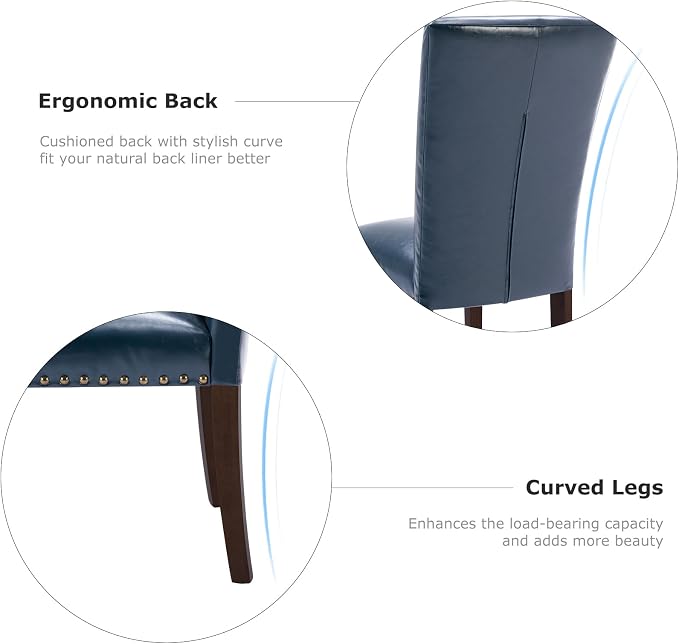 COLAMY Upholstered Parsons Dining Chairs Set of 2, PU Leather Dining Room Kitchen Side Chair with Nailhead Trim and Wood Legs - Blue