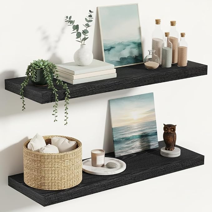 Vivelove 24 Inches Floating Shelves Wall Mounted, 10" Deep Wall Shelves for Bedroom, Bathroom, Living Room, Kitchen, Office, Home Decor, Modern Shelf, Set of 2, Black, 24x10.2x1.5