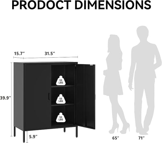 COFaR Black Metal Storage Cabinet, 40” Industrial Kitchen Organizer & Buffet Sideboard, 3-Tier Steel Cabinet with Adjustable Shelves, Magnetic Doors for Coffee Bar, Office, Dining Room
