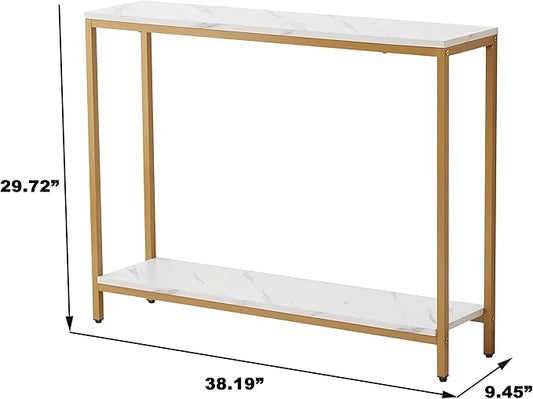 loglus Console Table for Entryway, Faux Marble MDF Indoors Sofa Table with Golden Frame for Small Rooms, Double Layer, White Marble, 9.45" D x 38.19" W x 29.72" H