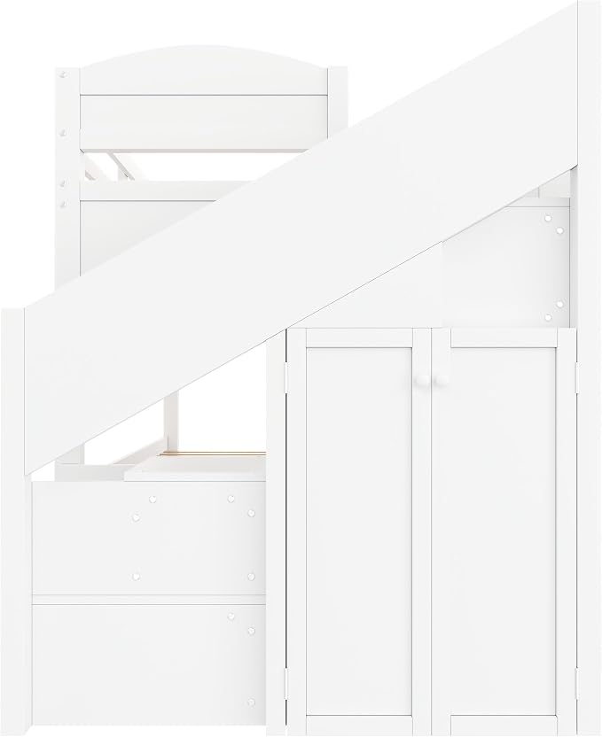RUNNA Twin XL Bunk Bed with Trundle,Storage Stairs,Kids Bedroom,White | Twin XL bunk bed with trundle, storage stairs, solid wood frame, guardrails, no box spring needed, white, space saving