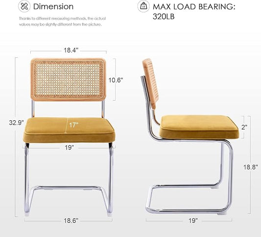 Zesthouse Rattan Dining Chairs Set of 6, Mid Century Modern Dining Room Chairs with Natural Cane Mesh & Chrome Base, Yellow Velvet Cesca Chair, Farmhouse Kitchen Chair with Solid Wood Frame Back
