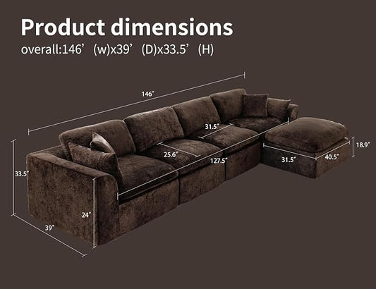 146" Modular Sectional Sofa – Modern Cloud Couch with Deep Chenille Seats, L-Shaped Boneless Sofa, Pet-Friendly, No Assembly, Brown (4 Seater + 1 Ottoman)