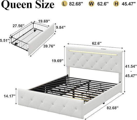 4 Pieces Queen Bedroom Set, Modern PU Fabric Metal Bed Frame with Charging Port, LED Light& Adjustable Headboard, Retractable Dressing Table with Mirror& Light, 2 Nightstands with Charge