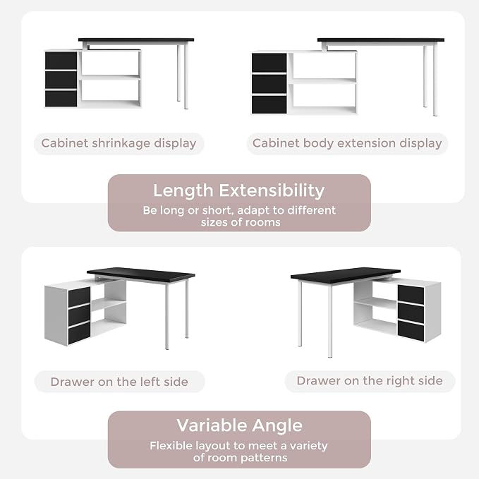 Home Office Computer Desk Corner Desk with 3 Black Drawers and 2 Shelves, 53-inch L-Shaped Study Desk with Storage, White + Black