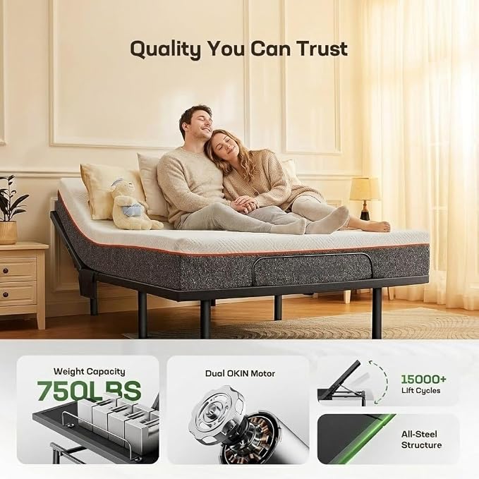 AMADA HOMEFURNISHING Queen Adjustable Bed Frame and 10 Inch Gel Memory Foam Mattress Set, Massage, Head & Foot Incline, Wireless Remote, USB Ports, LED Night Light