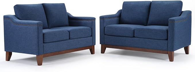 HAOMARKETS Vintage 2-Seater Upholstered Loveseat Sofa Set of 2 with Nailhead Trim, High-Density Foam Cushion & Solid Wood Legs, Soft Fabric Couch for Small Spaces, Blue