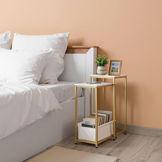 Nesting End Tables Set of 2, Stacking Side Table with Fabric Storage Basket, Small Nightstand for Small Space, Living Room, Bedroom, White Marble & Gold
