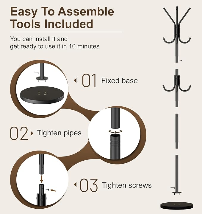MISSLO Heavy Duty Coat Rack Freestanding with Stable Wood Base Metal Coat Tree with 12 Hooks Coats Hanger Stand Adjustable Clothes Tree for Jackets, Hats, Bags Standing Purse Rack for Bedroom, Office