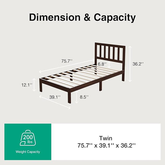 Novilla 12inch Twin Size Bed Frame Wooden Twin Platform Bed Frame, Classic Twin Bed Frame with Headboard No Box Spring Needed, Easy Assembly, Walnut