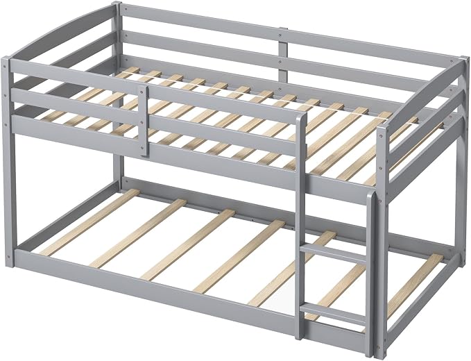 Giantex Twin Low Bunk Bed, Solid Wood Twin Over Twin Bunk Bed Frame with Full Guardrails & Integrated Ladder, Floor Twin Bunk Beds for Kids Boys and Girls, No Box Spring Needed, Grey