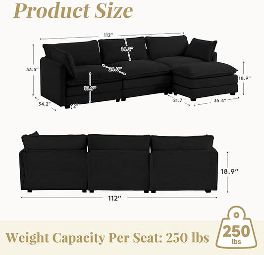 112'' Sectional Modular Cloud Couch, Oversized L Shaped 3 Seat Sofa with Movable Ottomans, 2 Throw Pillows, Upholstered Corduroy L Shape Comfy Deep Couches for Living Room and Office, Black