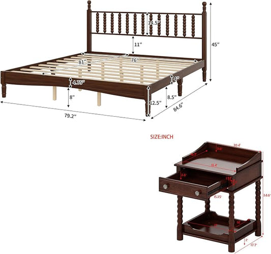Walnut 3 Pieces King Bedroom Set, Vintage Platform Bed Frame King Size with 2 Nightstand, Wood Traditional Bedframe with Spindle Headboard, No Box Spring Required (Walnut, King)