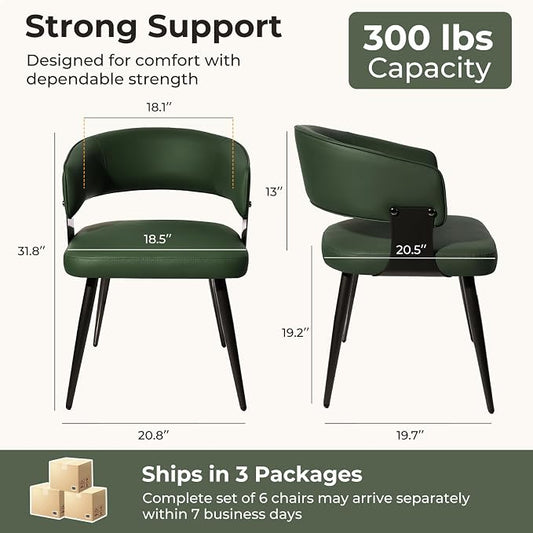 Dining Chairs Set of 6, Modern Upholstered Faux Leather Kitchen Chairs with Curved Back, Easy to Assemble & Clean for Dining Room, Restaurant, Cafe, Green