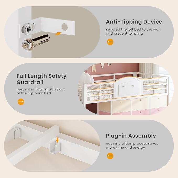 VIAGDO Low Loft Bed Twin Size with 9 Storage Drawers and LED Lights, Metal Twin Loft Bed with Stairway Shelf Storage, Low Loft Bed with Safety Guardrail and Under-Bed Hideaway for Kids, White