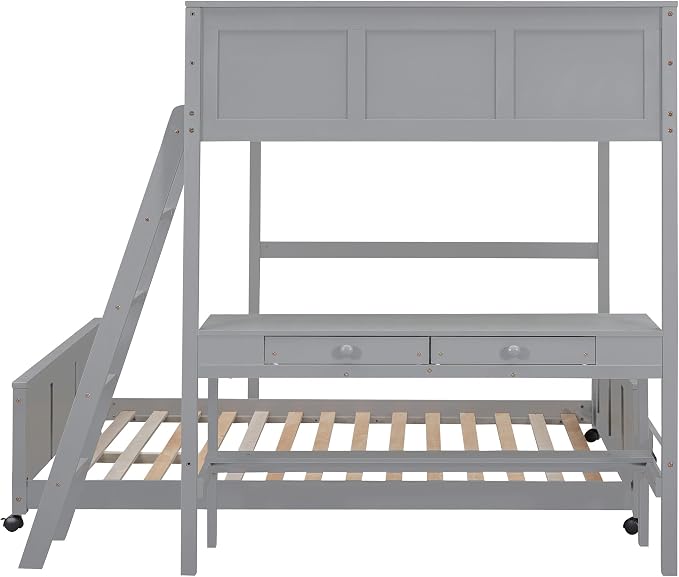 Ball & Cast Full Over Full Bunk Bed with Safty Guardrail & Stairway,Heavy Duty Wood Loft Bedframe W/Desk & Drawers,Easy Assembly,Versatile Functional Bedroom Furniture Set for Boy Girl Teens,Gray