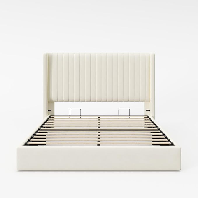 Allewie Full Size Lift Up Storage Bed Frame, Hydraulic Support System, Upholstered Platform Bed Frame, Underneath Storage, Vertical Channel Tufted Headboard with Wingback, No Box Spring Needed, Cream