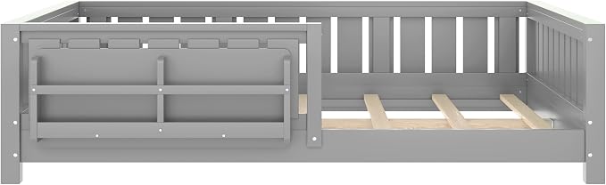 Bellemave Full Size Floor Bed with high Rails and with Built-in Bookshelf for Kids, Girls, Boys, Wood Montessori Floor Bed Without Door, Gray