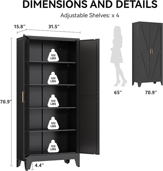 COFaR 71" Modern Pantry Cabinet in Black, 5-Tier Storage Cabinet with Adjustable Shelves, Industrial Steel Cupboard for Kitchen, Office & Living Room Organization