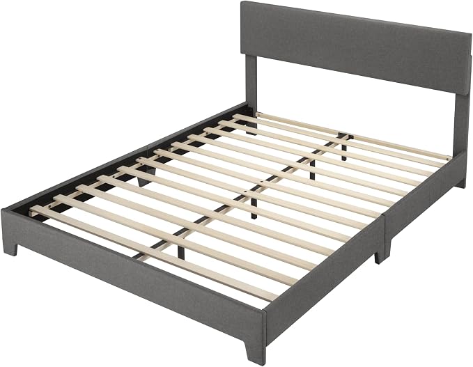Allewie Full Size Bed Frame with Adjustable Headboard, Upholstered Platform Bed with Wood Slats, Heavy Duty Mattress Foundation, No Box Spring Needed, Noise-Free, Easy Assembly, Dark Grey