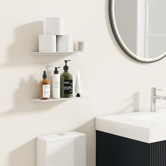 MKO 12" Floating Shelves for Wall, Small Metal Wall Mounted Shelf for Bathroom, Bedroom, Living Room, Kitchen, Little Hanging Shelves for Books/Storage/Room Decor 2 Packs, White