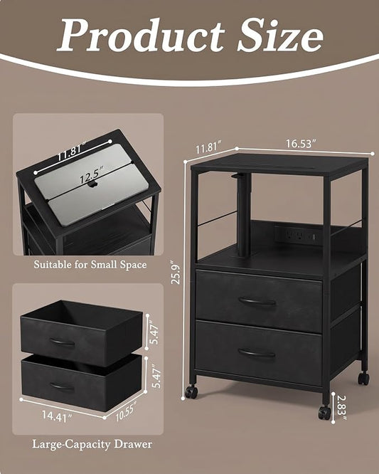Faesun Swivel Lift Top Nightstand with Charging Station, Rolling Side Table for Recliner, Bedside Table with Wheels & 2 Fabric Drawers, for Small Spaces, for Bedroom, Living Room, Black