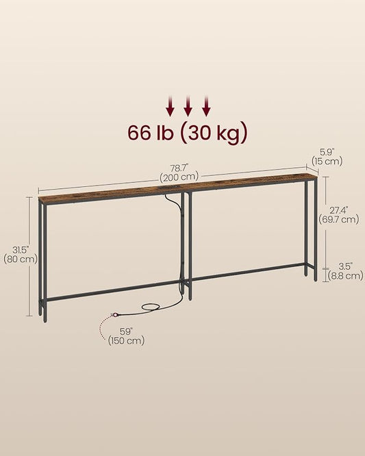 VASAGLE Narrow Console Table with Power Outlet, Behind Couch Sofa Tables, Easy Assembly, for Entryway, Living Room, 5.9 x 78.7 x 31.5 inches, Rustic Brown and Ink Black, Barnet Collection ULNT077K101